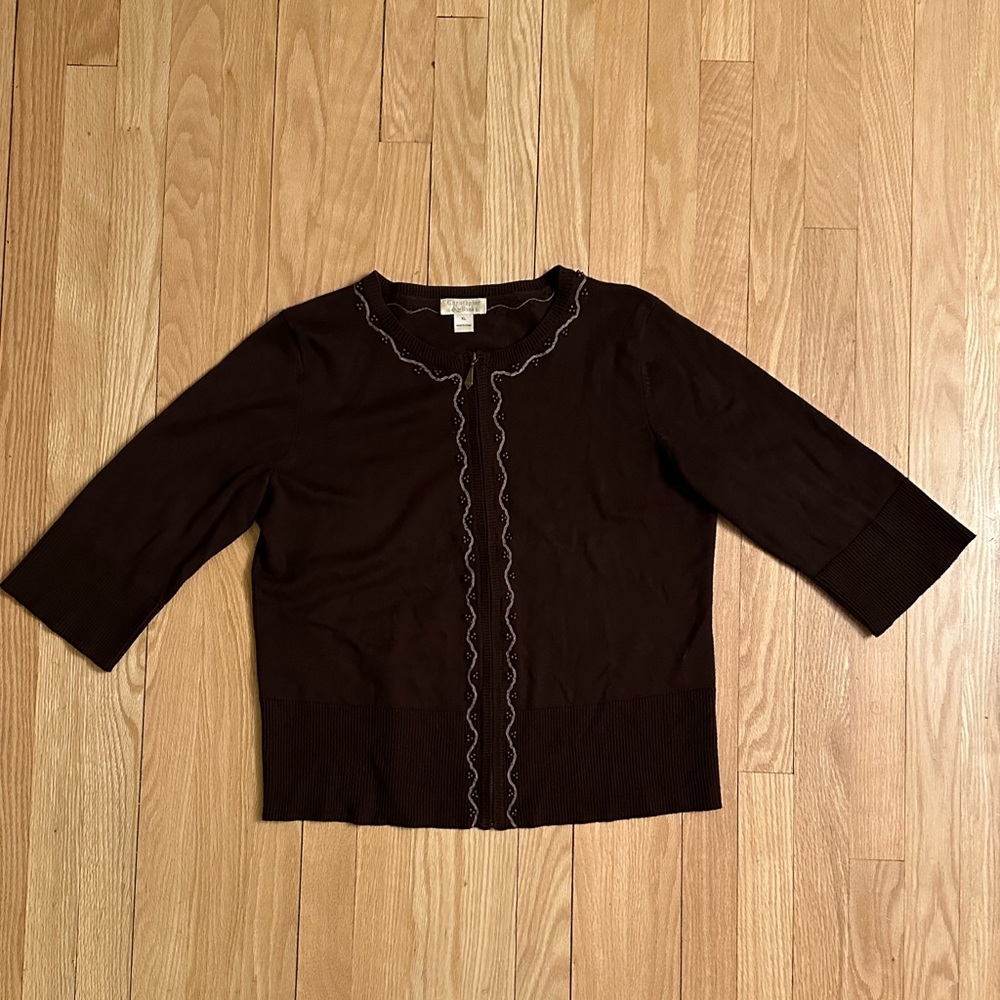 Women’s Full Zip Crew Neck Cardigan, Brown, Wooden Bead Embellishment, Size XL